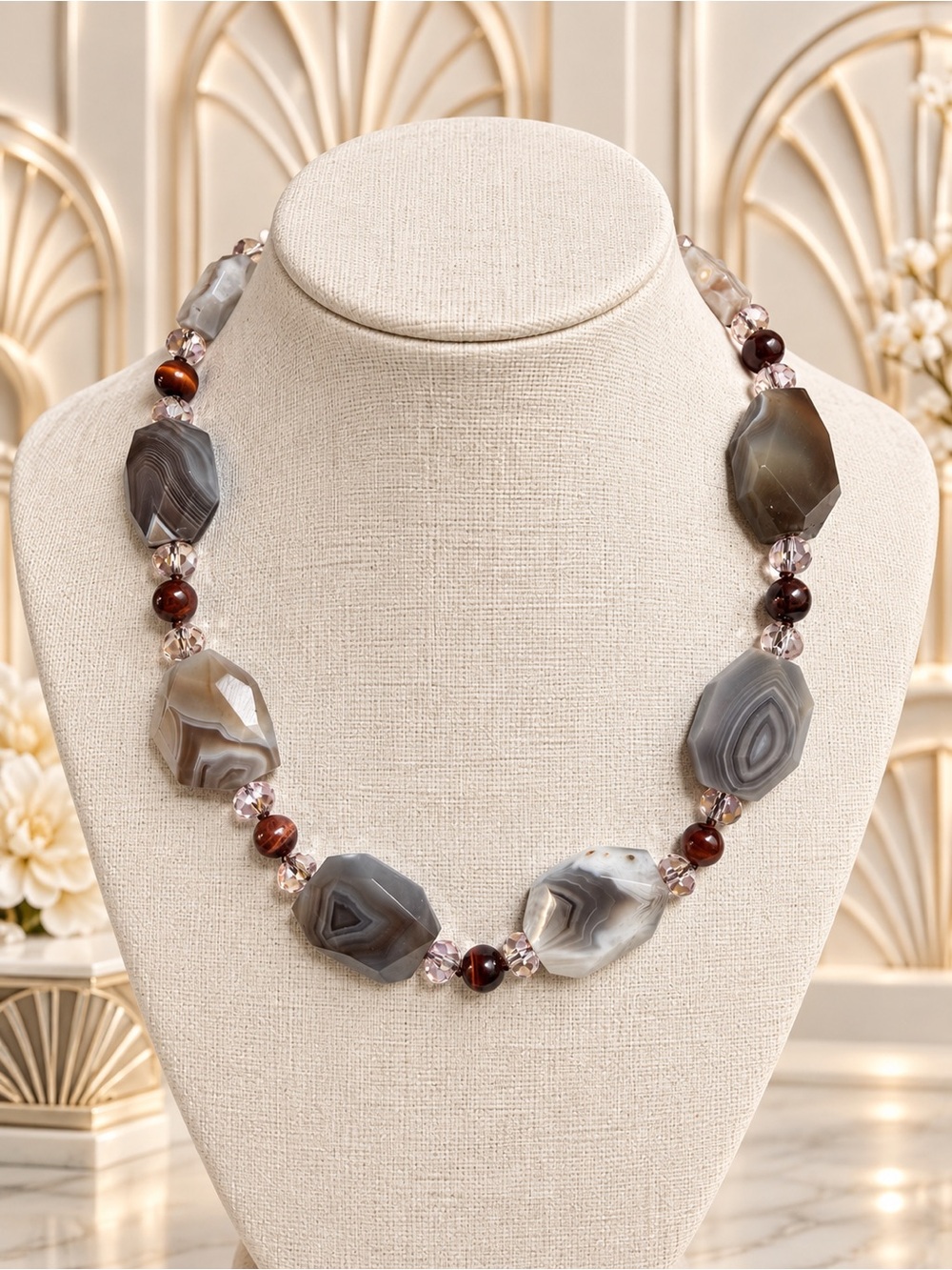 🆕❤️❤️❤️Elegant Botswana Agate & Red Tigers Eye Beaded Necklace